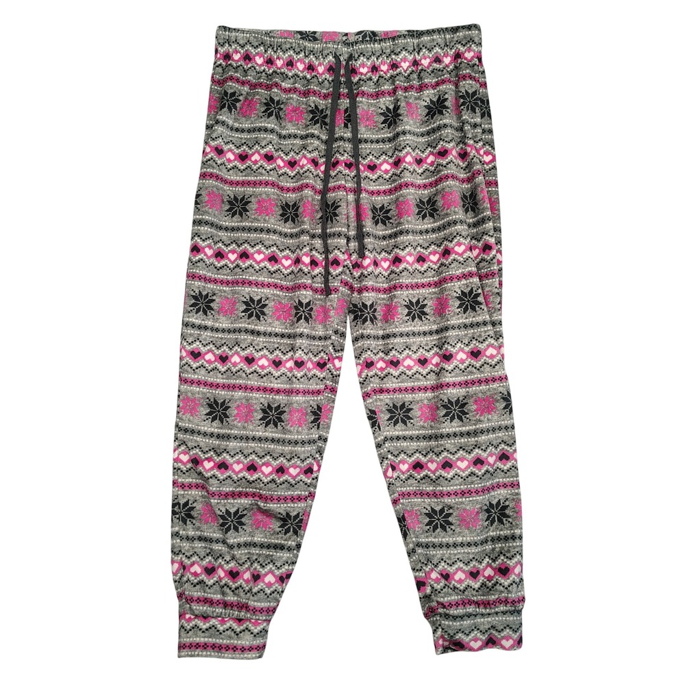 Briefly Stated Pajama Pants Womens L Gray Pink Fair Isle Heart Plush Polyester